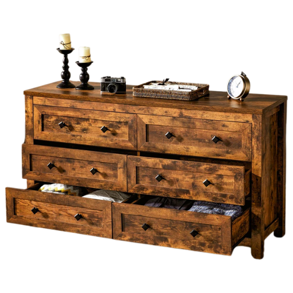 6-Drawer Dresser – A Perfect Blend of Rustic Charm and Industrial Elegance, Featuring a Clean-Lined Silhouette and Weathered Finish. Crafted from Solid and Engineered Wood