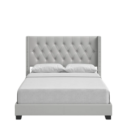 King Size Upholstered Low-Profile Bed with Wingback Headboard, Button Tufting, and Nailhead Trim – Glamorous, Traditional Design with Flared Legs
