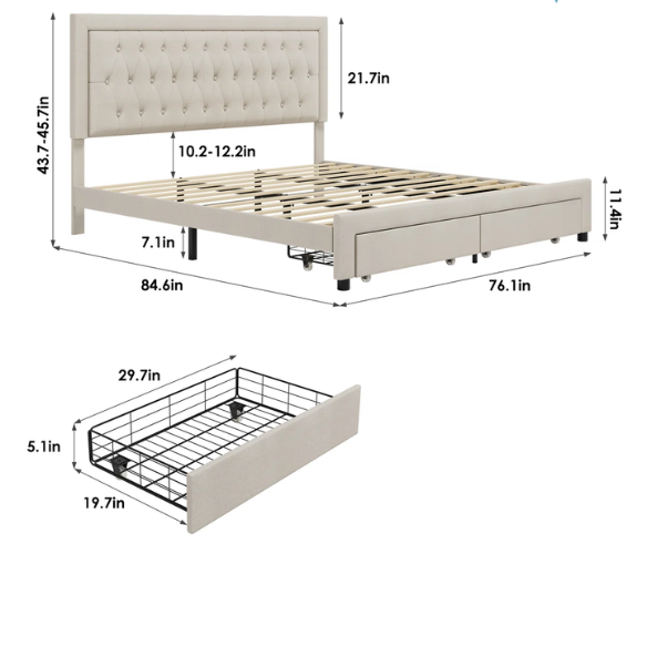 Luxurious King Size Velvet Tufted Upholstered Bed Frame with Adjustable Headboard, Button Tufting, and Nailhead Trim – No Box Spring Needed for Superior Support and Comfort