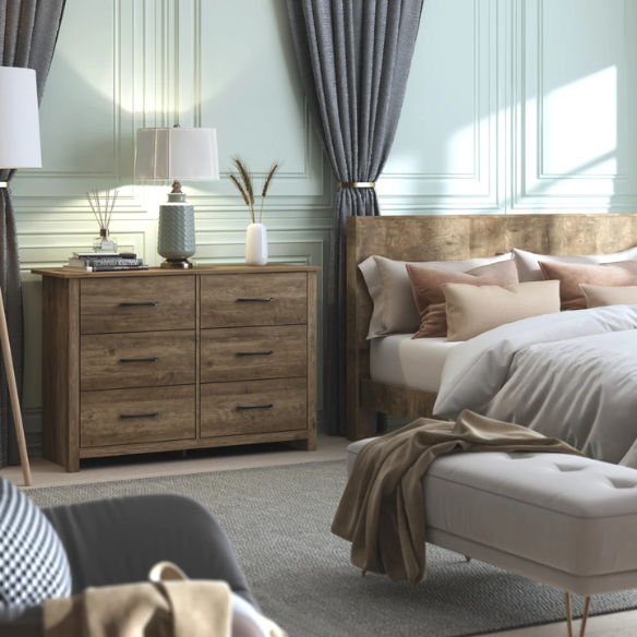Modern 6-Drawer Double Dresser with Flared Feet and Sleek Black Metal Handles