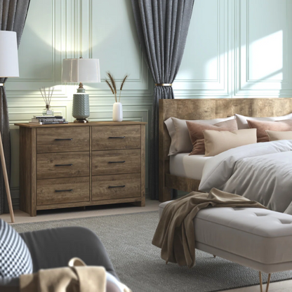 Modern 6-Drawer Double Dresser with Flared Feet and Sleek Black Metal Handles