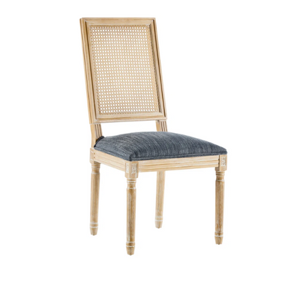 French Country Wood and Cane Upholstered Dining Chairs – Weathered Rubberwood Frame with Fluted Legs & Rectangular Cane Backrest