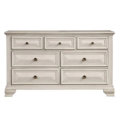 Distressed Parchment Wood Bedroom Set with Panel Bed, Dresser, Mirror, and Nightstand, Featuring Silver Accents and Fluted Pilasters