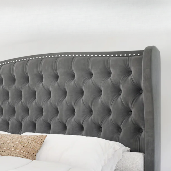 Velvet Queen Size Bed with Button Tufted Upholstery, Nailhead Trim, and Wingback Headboard