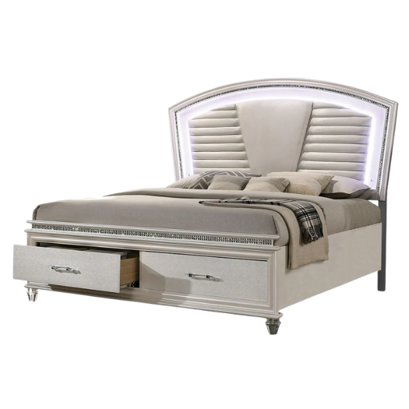 2-Piece Glam White Solid Wood Platform Bedroom Set with LED Lighting & Crystal Accents