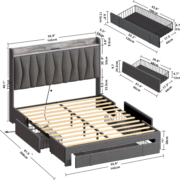 Upholstered Full/Double Bed Frame with 3 Drawers, Storage Headboard & Built-In Charging Station – Stylish & Functional Design