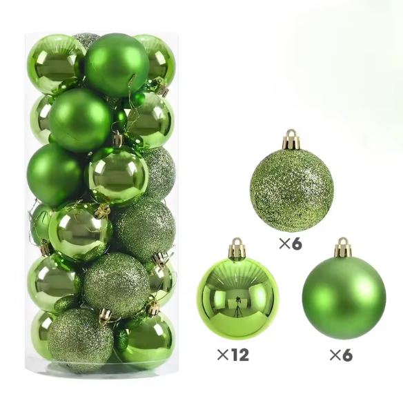 Green Christmas Ball Ornaments – 24-Piece Set, Shatterproof Holiday Decorations (Available in 3 cm, 4 cm, and 6 cm)