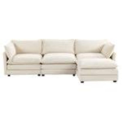 Modern 4-piece L-shaped sectional sofa in premium beige corduroy fabric. Features high-elastic sponge cushions, sturdy metal and wood frame, and a movable ottoman for flexible configurations. Easy assembly and versatile design perfect for living rooms, bedrooms, or offices.