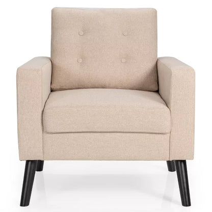 A beige Mid-Century Modern accent chair featuring a square tufted back, gracefully curved arms, and solid birch wood tapered legs with a dark espresso finish. Upholstered in 100% polyester fabric, the chair includes a thick foam cushion for comfort and is designed for small spaces. Perfect for living rooms, offices, bedrooms, or reading nooks, this chair blends timeless style and durability. It has a weight capacity of 300 lbs and requires easy assembly.