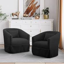  Set of 2 Midnight Black swivel accent chairs with linen blend upholstery, 360-degree swivel base, sleek metal frames, and wood accents. Comfortable foam and spring fill, ideal for living rooms, offices, or bedrooms. Easy assembly and family-friendly design.
