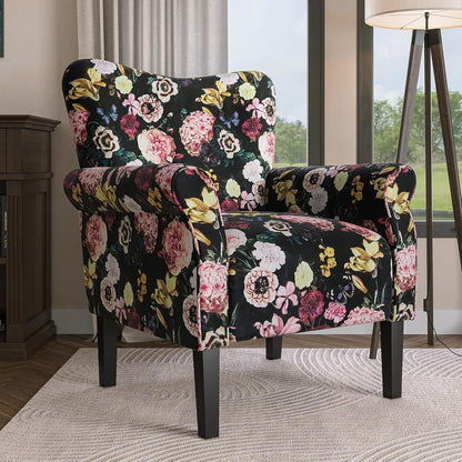  A Black Floral Wingback Accent Chair featuring a luxurious black fabric with intricate floral patterns, offering a modern-retro aesthetic. The chair has a tufted wingback design, wide cushioned seat, and padded armrests for ergonomic comfort. Supported by elegant tapered wood legs, it blends traditional charm with contemporary style. Ideal for a living room, office, or reading nook, this accent chair provides both comfort and sophistication.