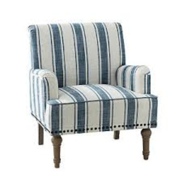 Set of two Cream Beige & Blue Striped Accent Chairs featuring a stylish striped upholstery in soft beige and blue tones. The chairs have a classic design with a streamlined silhouette, elegant carved front legs, and simple back legs. The chairs are made of durable solid and manufactured wood, with foam-filled cushioning and supportive backrests. Subtle nailhead trim adds a vintage-inspired touch. Ideal for living rooms, bedrooms, or study spaces, offering both comfort and timeless style.