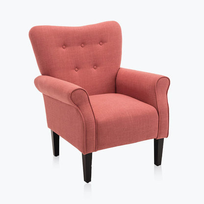 A brick red accent chair with a high backrest, gently sloped sides, and padded armrests. The chair features a solid brick red upholstery, providing a warm and elegant look. It is supported by sleek, tapered wooden legs with rubber inserts to protect floors. Perfect for relaxing, reading, or lounging, this modern yet timeless piece adds comfort and sophistication to any room in your home.