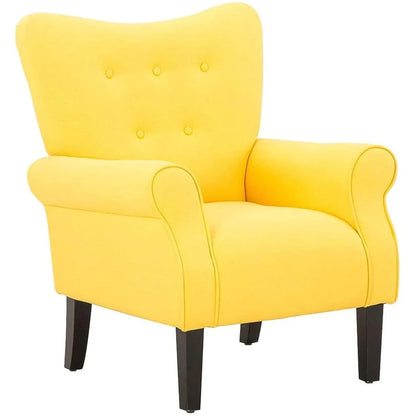 A Citrine Yellow Solid Accent Chair featuring a vibrant, bold yellow hue with a high backrest, cushioned seat, and tapered wooden legs, offering a modern yet timeless design. Perfect for adding a pop of color and comfort to living rooms, offices, or reading nooks.