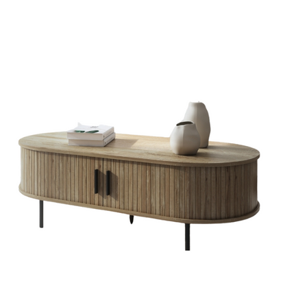 Mid-century modern coffee table with tambour sliding doors, featuring a warm oak grain finish and sleek, compact design. Ideal for storage and stylish living room decor.