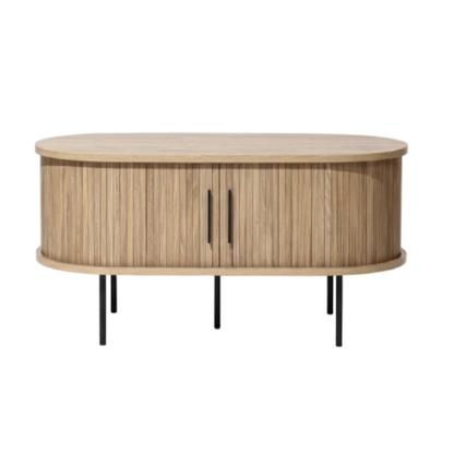 Mid-century modern coffee table with tambour sliding doors, featuring a warm oak grain finish and sleek, compact design. Ideal for storage and stylish living room decor.