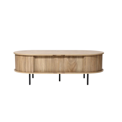 Mid-century modern coffee table with tambour sliding doors, featuring a warm oak grain finish and sleek, compact design. Ideal for storage and stylish living room decor.