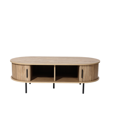 Mid-century modern coffee table with tambour sliding doors, featuring a warm oak grain finish and sleek, compact design. Ideal for storage and stylish living room decor.