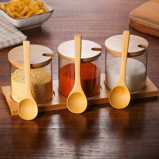 Condiment Container Bamboo Glass Bamboo Spoon Home Kitchen Organization for Sugar,Salt,Chili, Sauce