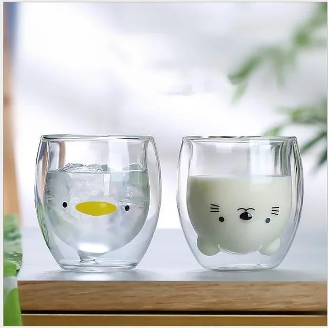 Creative Cute Bear Double-Layer Coffee Mug Double Glass Cup Carton Animal Milk Glass Lady Cute Cat Duck Dog Gift Christmas Gift