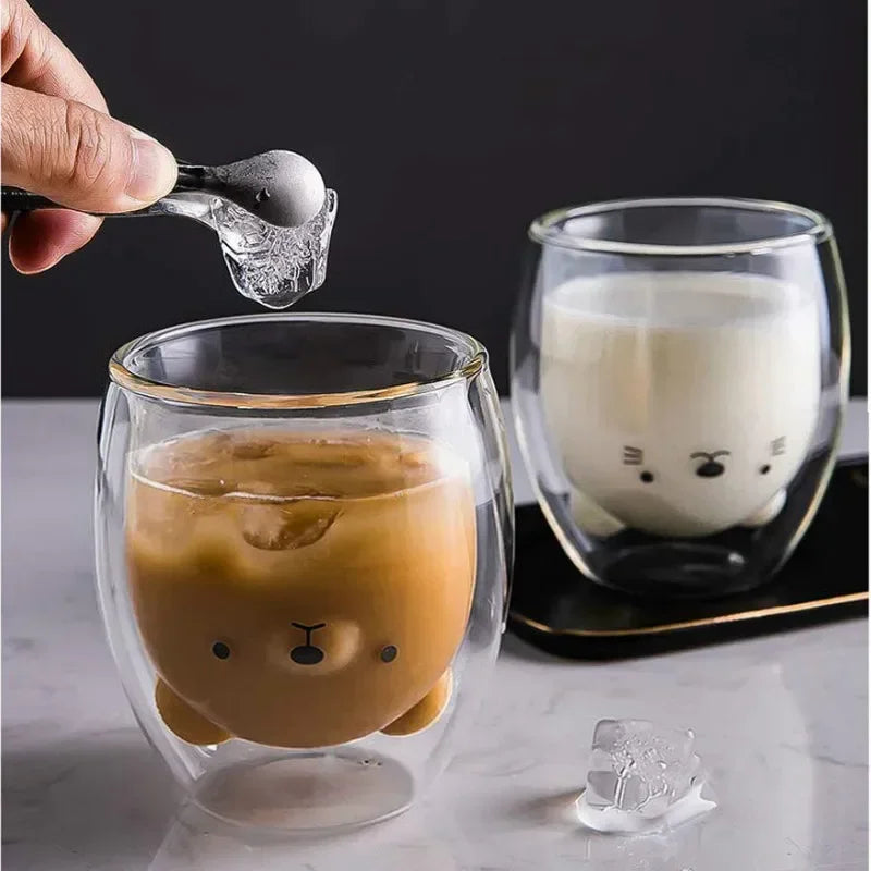 Creative Cute Bear Double-Layer Coffee Mug Double Glass Cup Carton Animal Milk Glass Lady Cute Cat Duck Dog Gift Christmas Gift