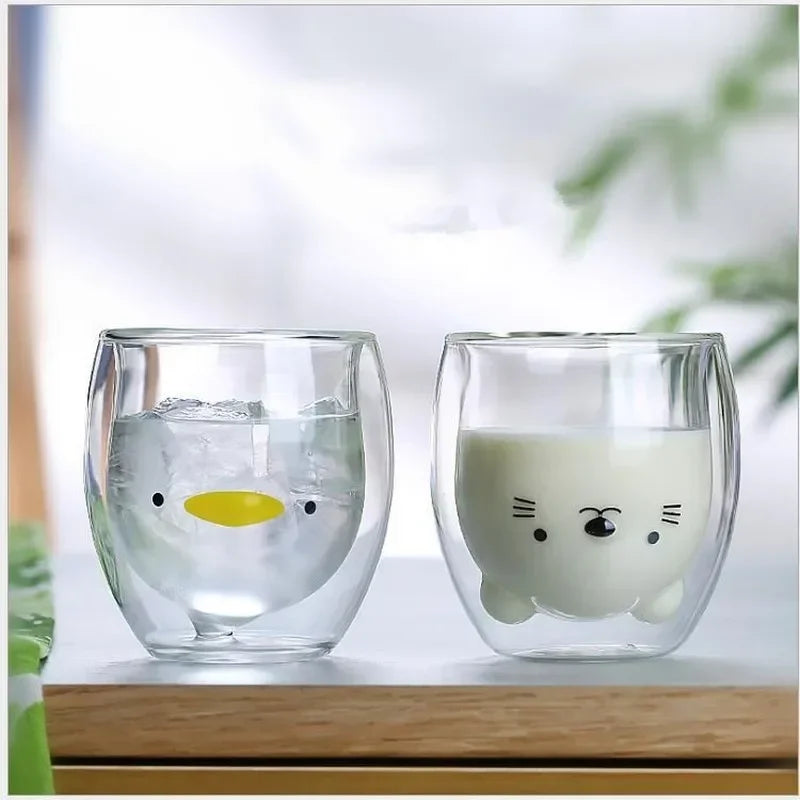 Creative Cute Bear Double-Layer Coffee Mug Double Glass Cup Carton Animal Milk Glass Lady Cute Cat Duck Dog Gift Christmas Gift