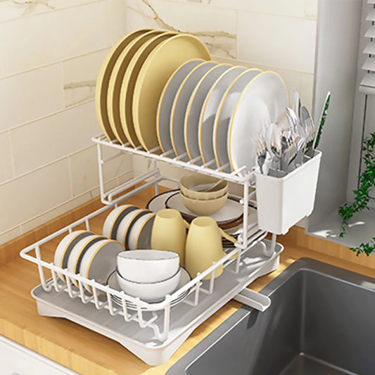 Double-Layer Bowl Drying Rack Metal Kitchen Organization Large Capacity Rust-Proof Automatic Drainage System for Kitchen Counter