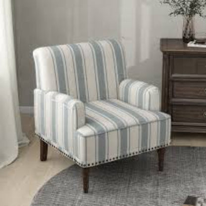 Set of two Cream Beige & Blue Striped Accent Chairs featuring a stylish striped upholstery in soft beige and blue tones. The chairs have a classic design with a streamlined silhouette, elegant carved front legs, and simple back legs. The chairs are made of durable solid and manufactured wood, with foam-filled cushioning and supportive backrests. Subtle nailhead trim adds a vintage-inspired touch. Ideal for living rooms, bedrooms, or study spaces, offering both comfort and timeless style.