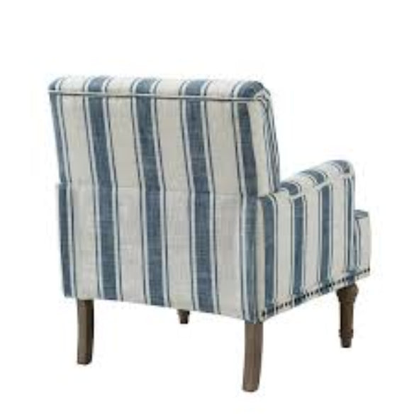 Set of two Cream Beige & Blue Striped Accent Chairs featuring a stylish striped upholstery in soft beige and blue tones. The chairs have a classic design with a streamlined silhouette, elegant carved front legs, and simple back legs. The chairs are made of durable solid and manufactured wood, with foam-filled cushioning and supportive backrests. Subtle nailhead trim adds a vintage-inspired touch. Ideal for living rooms, bedrooms, or study spaces, offering both comfort and timeless style.