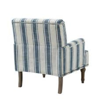Set of two Cream Beige & Blue Striped Accent Chairs featuring a stylish striped upholstery in soft beige and blue tones. The chairs have a classic design with a streamlined silhouette, elegant carved front legs, and simple back legs. The chairs are made of durable solid and manufactured wood, with foam-filled cushioning and supportive backrests. Subtle nailhead trim adds a vintage-inspired touch. Ideal for living rooms, bedrooms, or study spaces, offering both comfort and timeless style.