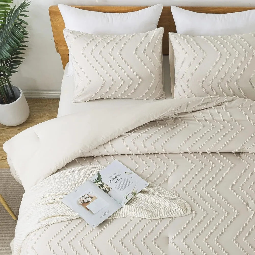 Duvet Cover Set, Beige Comforter Sets Twin Sizes, 2 Pieces Boho Chevron Tufted Bedding Set & Collections, Duvet Cover Set