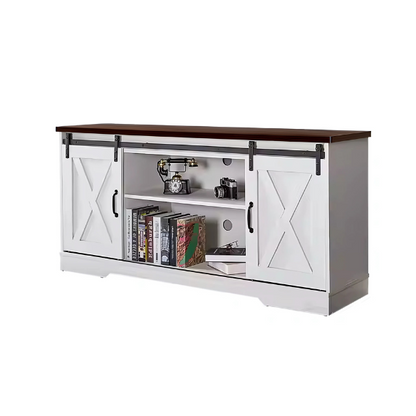 Farmhouse-style TV stand with sliding barn doors, grey water-resistant wood grain finish, and spacious storage for up to 65-inch TVs. Includes adjustable shelves and cable management for a tidy, modern look.