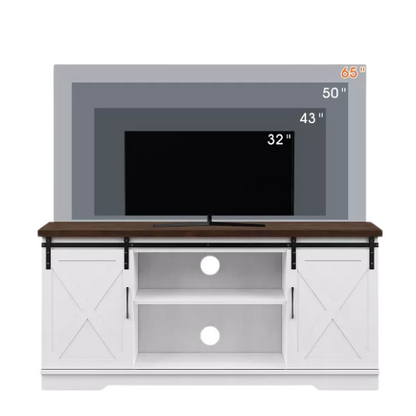 Farmhouse-style TV stand with sliding barn doors, grey water-resistant wood grain finish, and spacious storage for up to 65-inch TVs. Includes adjustable shelves and cable management for a tidy, modern look.