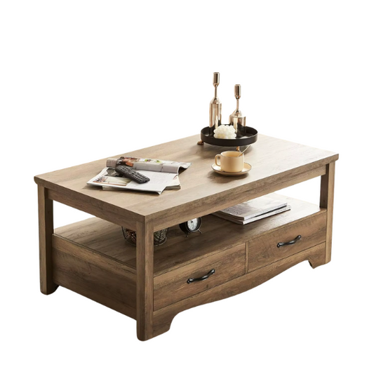 Brown Farmhouse Coffee Table – Rustic Wood Table with Storage & Drawers. Brown Farmhouse Coffee Table with Metal Handles