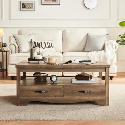 Brown Farmhouse Coffee Table – Rustic Wood Table with Storage & Drawers. Brown Farmhouse Coffee Table with Metal Handles