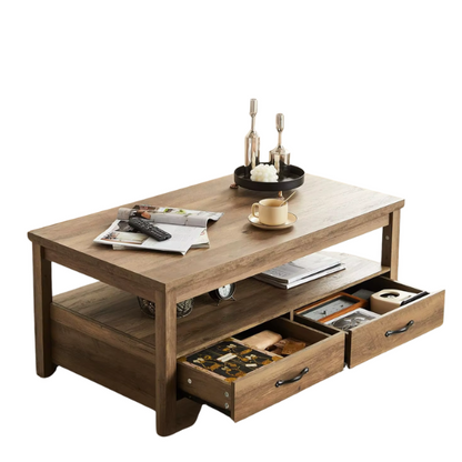 Brown Farmhouse Coffee Table – Rustic Wood Table with Storage & Drawers. Brown Farmhouse Coffee Table with Metal Handles