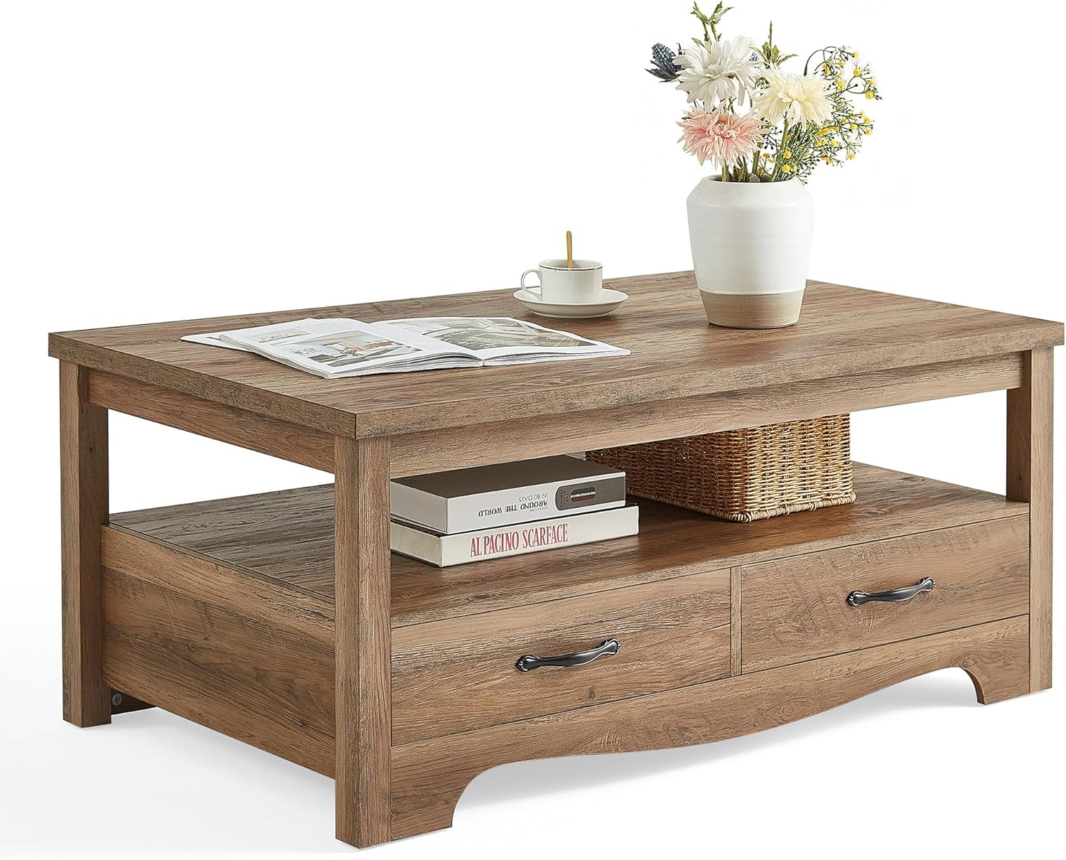 Brown Farmhouse Coffee Table – Rustic Wood Table with Storage & Drawers. Brown Farmhouse Coffee Table with Metal Handles