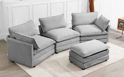 Modern 4-piece L-shaped sectional sofa in premium grey corduroy fabric. Features high-elastic sponge cushions, a sturdy metal and wood frame, and a movable ottoman for flexible configurations. Easy assembly and versatile design perfect for living rooms, bedrooms, or offices.