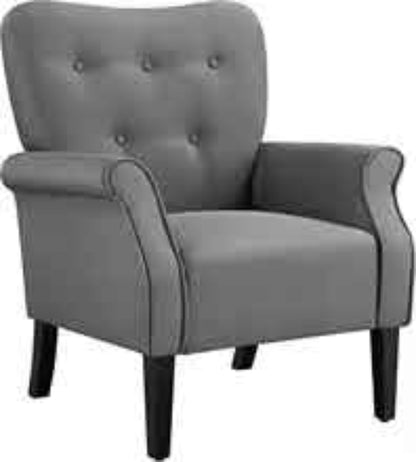 Mid-century modern dark gray upholstered fabric accent armchair with tufted back buttons, rolled arms, and tapered wooden legs. This chair combines stylish elegance with comfort, featuring plush foam seating and a sturdy rubberwood frame, making it an ideal addition to living rooms, offices, or bedrooms.
