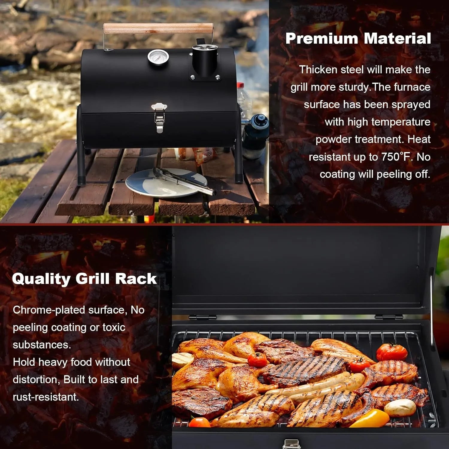 Joyfair Portable Charcoal Grill with Thermometer, Tabletop Barbecue Grill with Chimney for Outdoor Camping Backyard BBQ Cooking