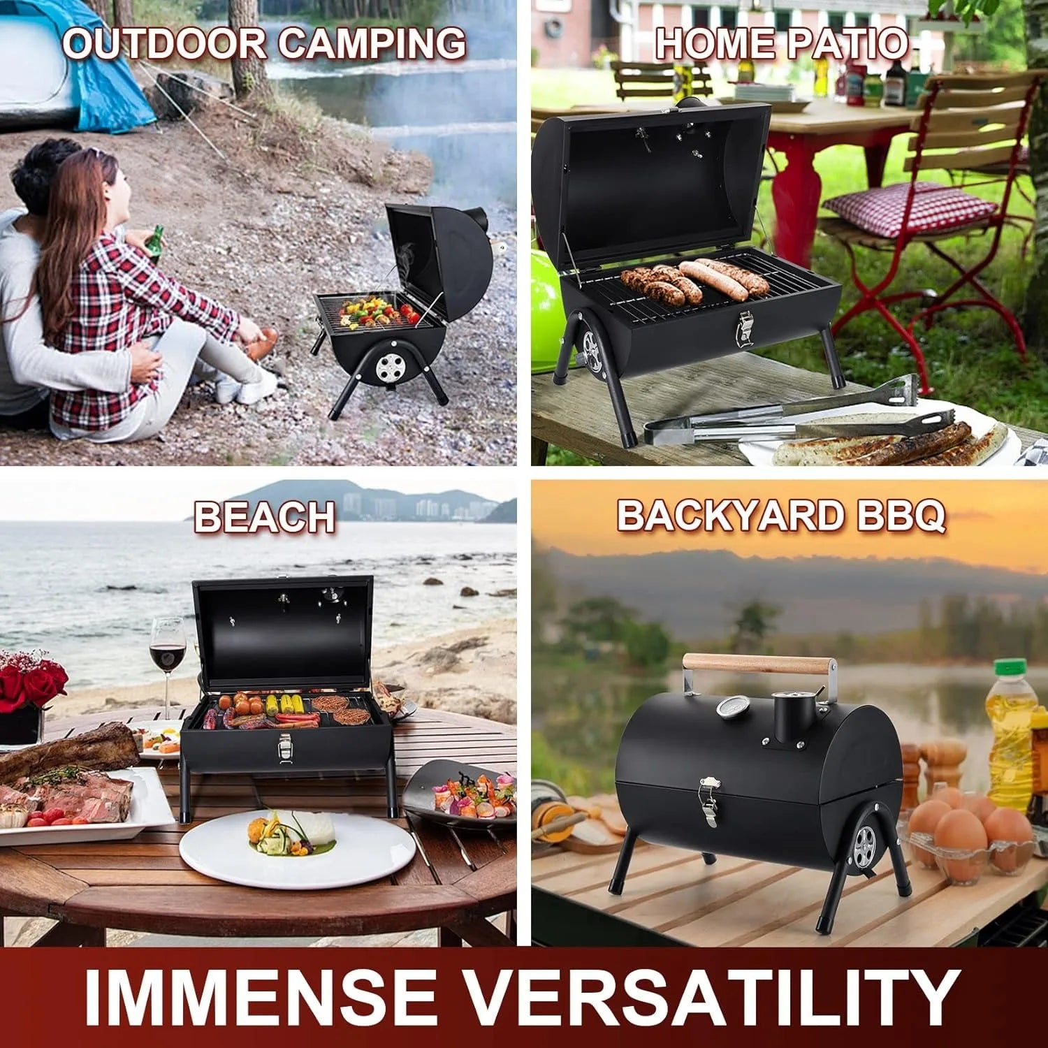 Joyfair Portable Charcoal Grill with Thermometer, Tabletop Barbecue Grill with Chimney for Outdoor Camping Backyard BBQ Cooking