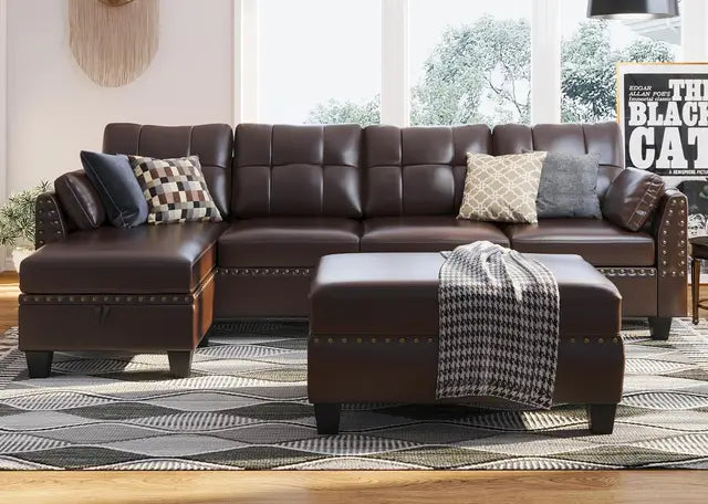 Leather Sectional Sofa with Ottoman - Easy Assembly, Storage Space,Living Room Sofa