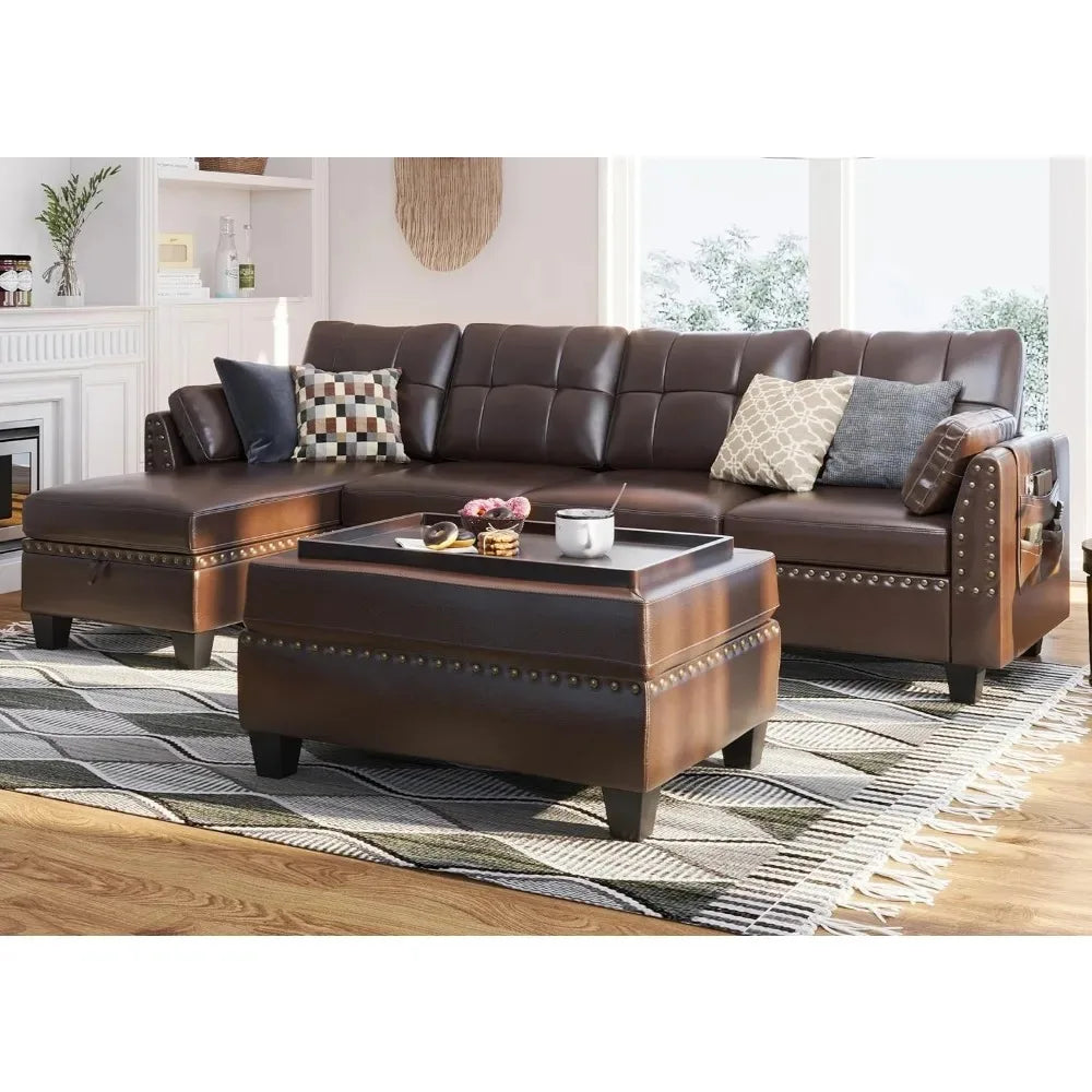 Leather Sectional Sofa with Ottoman - Easy Assembly, Storage Space,Living Room Sofa