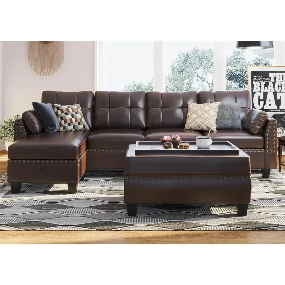 Leather Sectional Sofa with Ottoman - Easy Assembly, Storage Space,Living Room Sofa