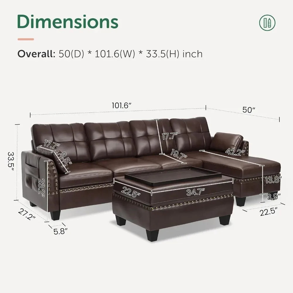 Leather Sectional Sofa with Ottoman - Easy Assembly, Storage Space,Living Room Sofa