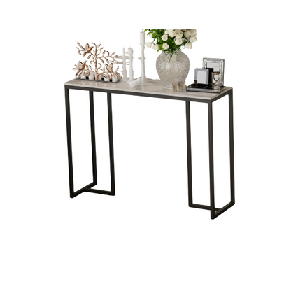 Luxury sintered stone sofa table with marble-look top and black iron legs, modern and durable design for living room, hallway, or office.