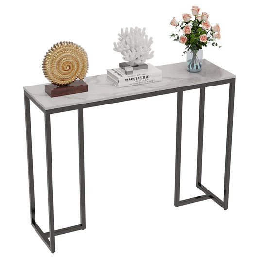 Luxury sintered stone sofa table with marble-look top and black iron legs, modern and durable design for living room, hallway, or office.