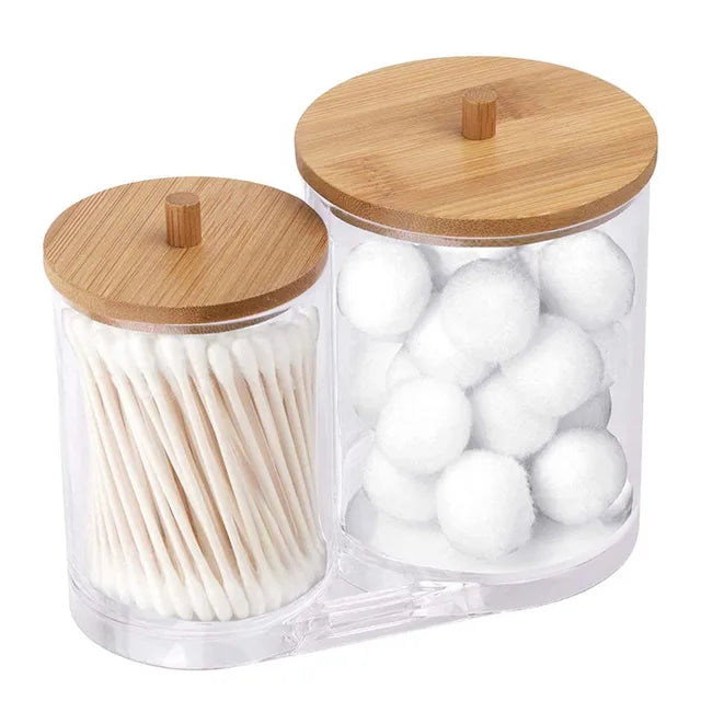 Makeup Cotton Pad Organizer Bathroom Storage Box for Cotton Swabs Cosmetics Jewelry Makeup Remover Pad Container with Bamboo Lid