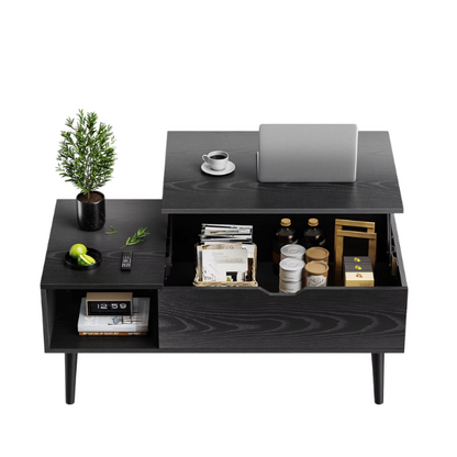 Mid-Century Modern Black Lift-Top Coffee Table – Adjustable Height, Hidden Storage & Side Shelves. Space-Saving Engineered Wood Design with Wood-Grain Finish.