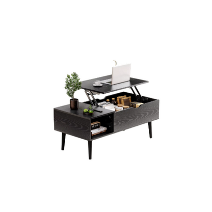 Mid-Century Modern Black Lift-Top Coffee Table – Adjustable Height, Hidden Storage & Side Shelves. Space-Saving Engineered Wood Design with Wood-Grain Finish.